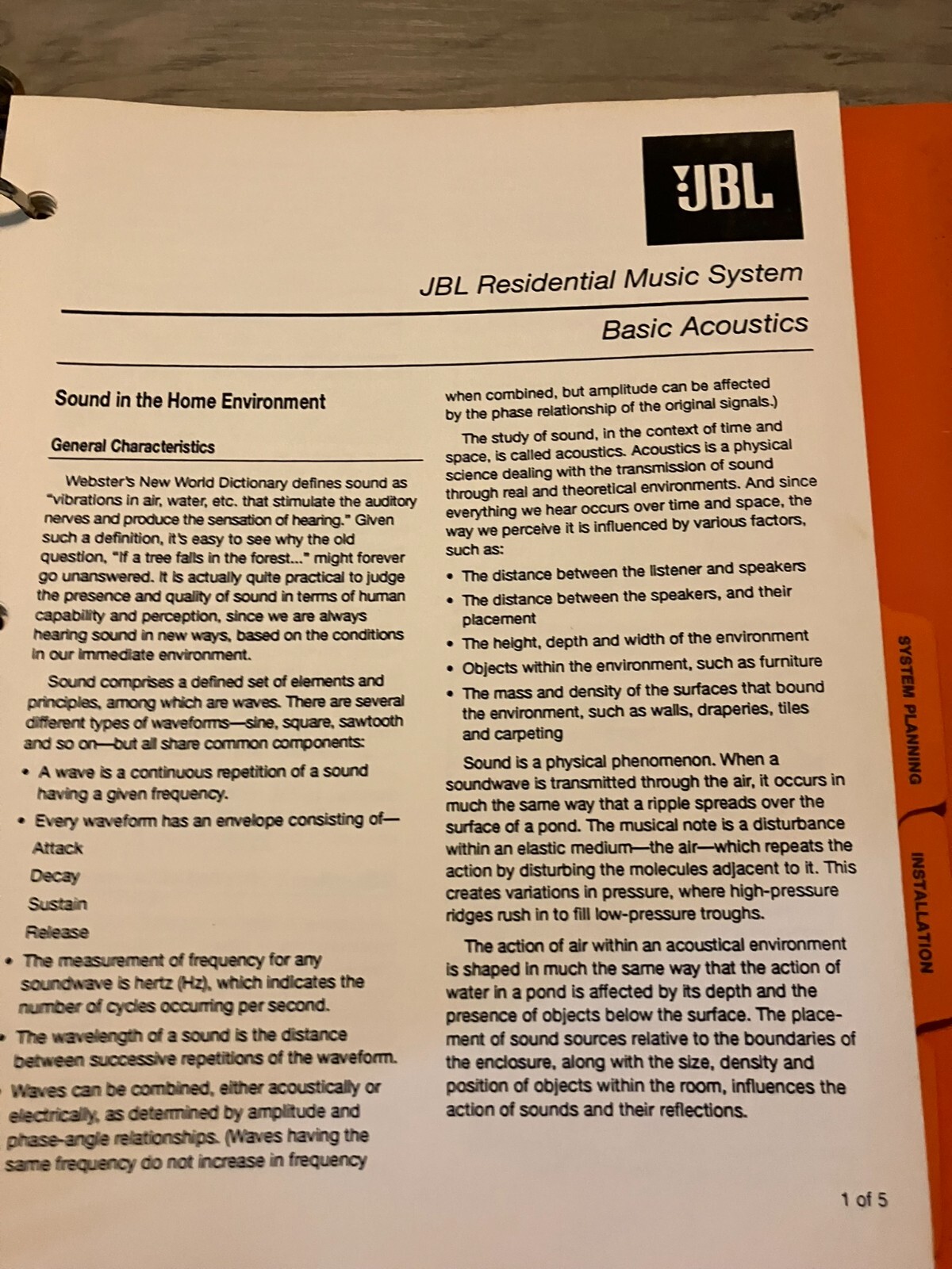 JBL Residential Music System Manual Catalog Guide Book
