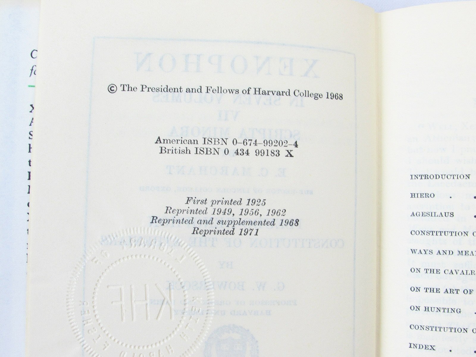 Xenophon VII Scripta Minor 1971 Harvard Loeb Classical HC/DJ Marchant Bowersock