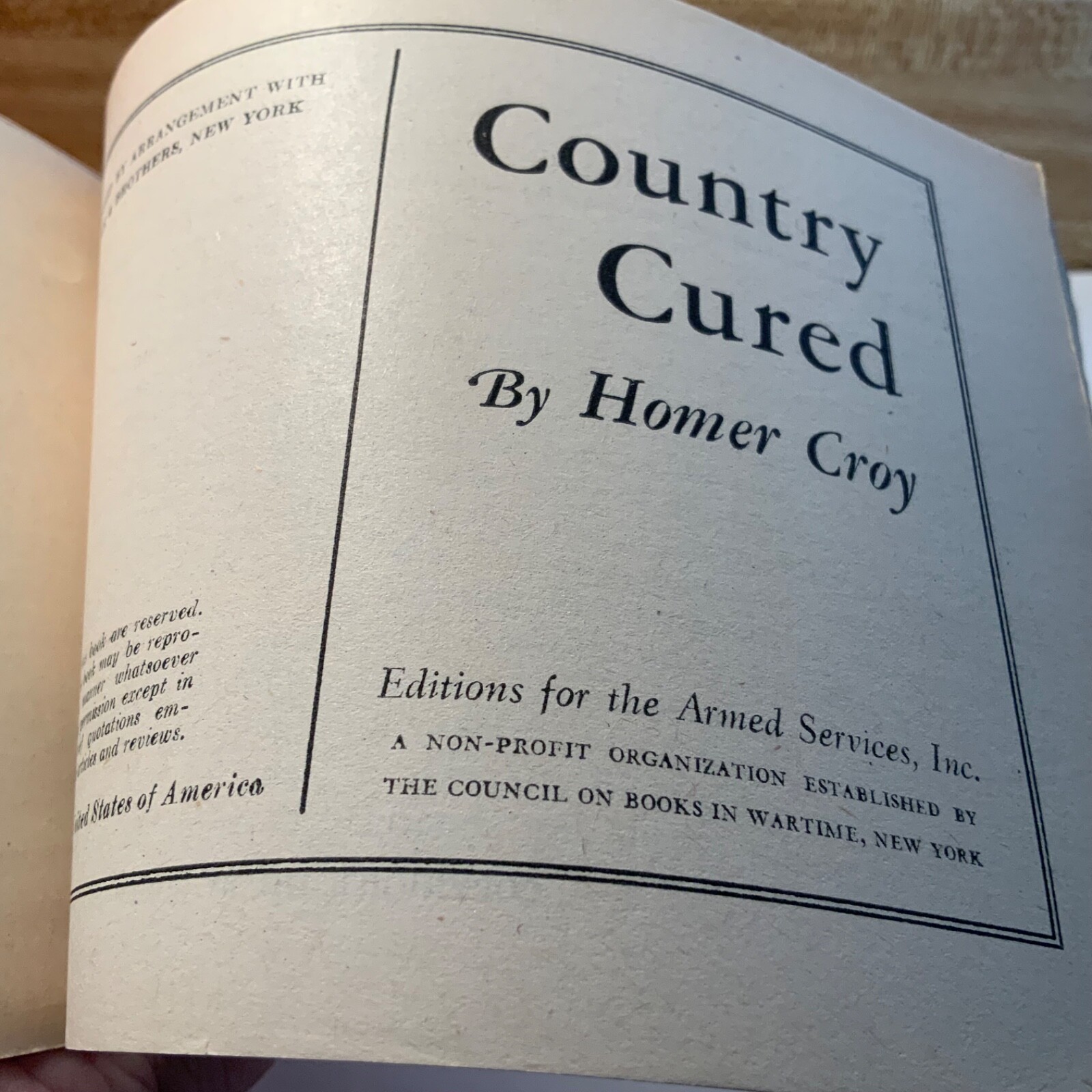 Country Cured by Homer Croy 1944 Armed Services Edition L-21 Very Good++- N fine