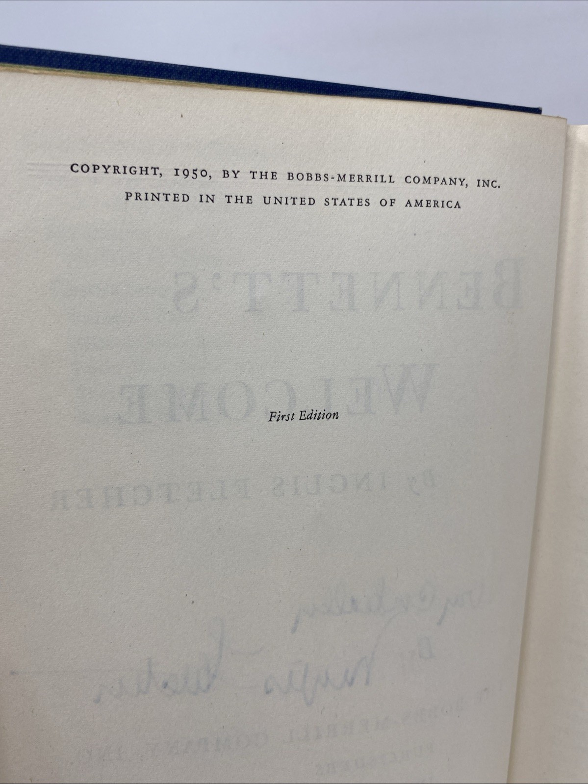Bennet’s Welcome 1st Edition Signed Inscribed Inglis Fletcher HC DJ 1950