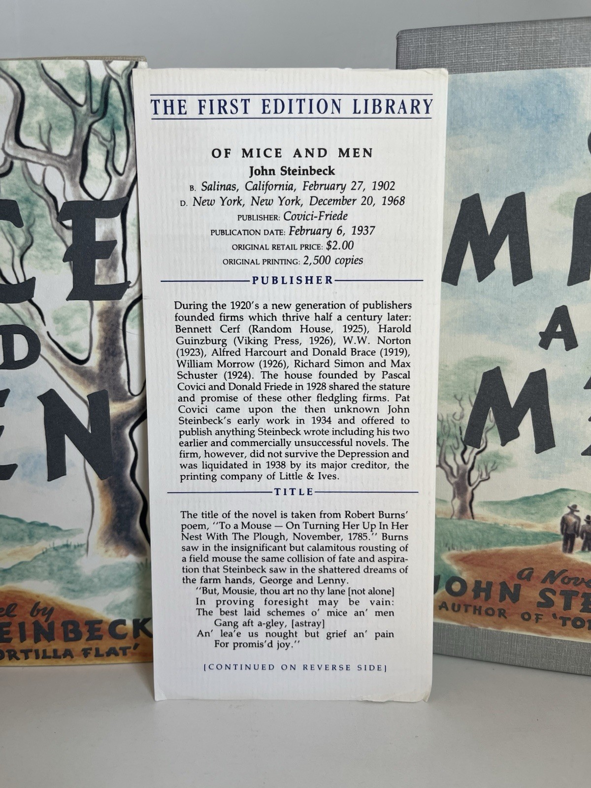 Of Mice and Men, John Steinbeck, First Edition Library, Facsimile