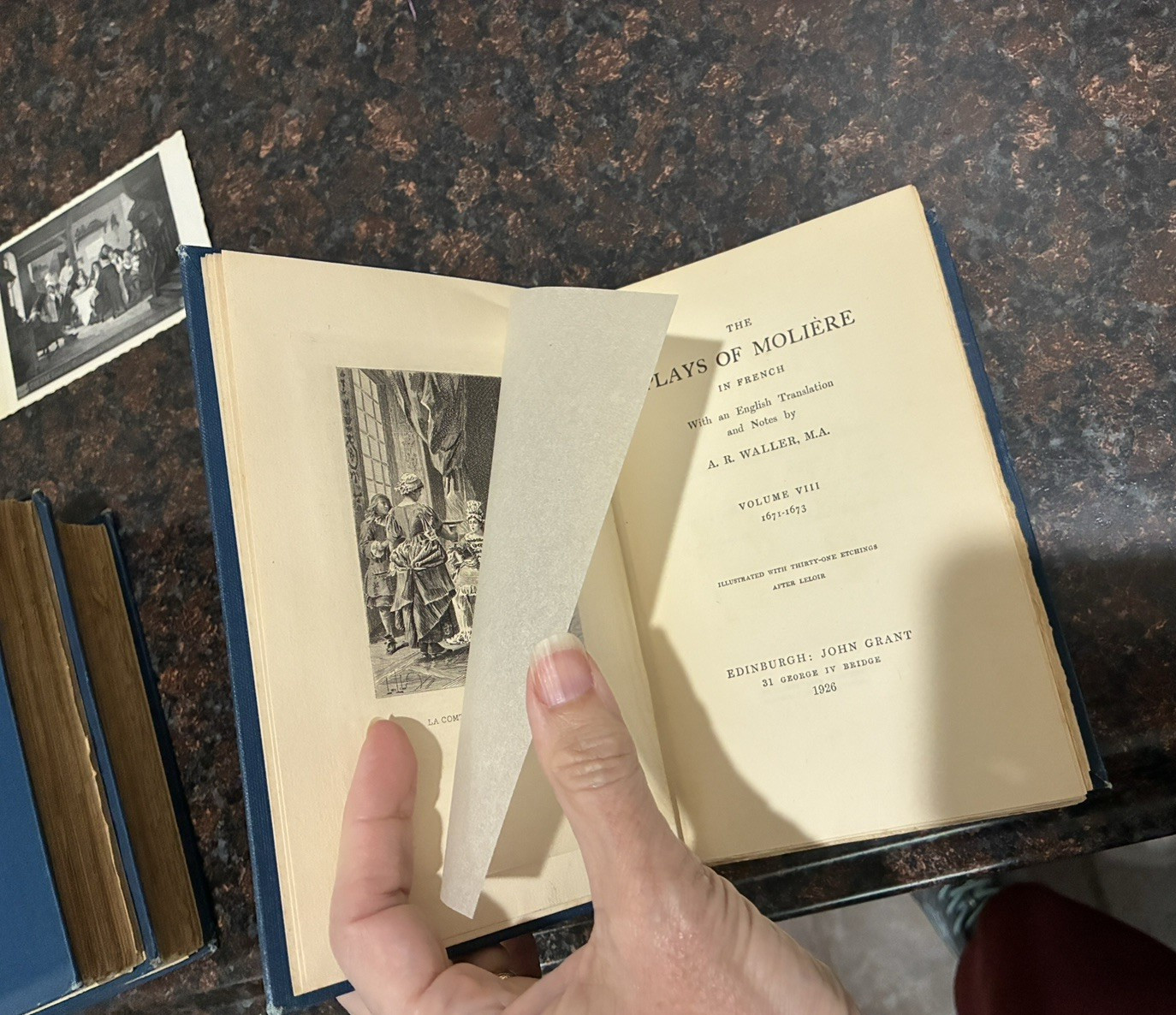 Plays of Moliere Vols I-VIII (Eng/French) – w/ Etchings – 1926 HC +postcards