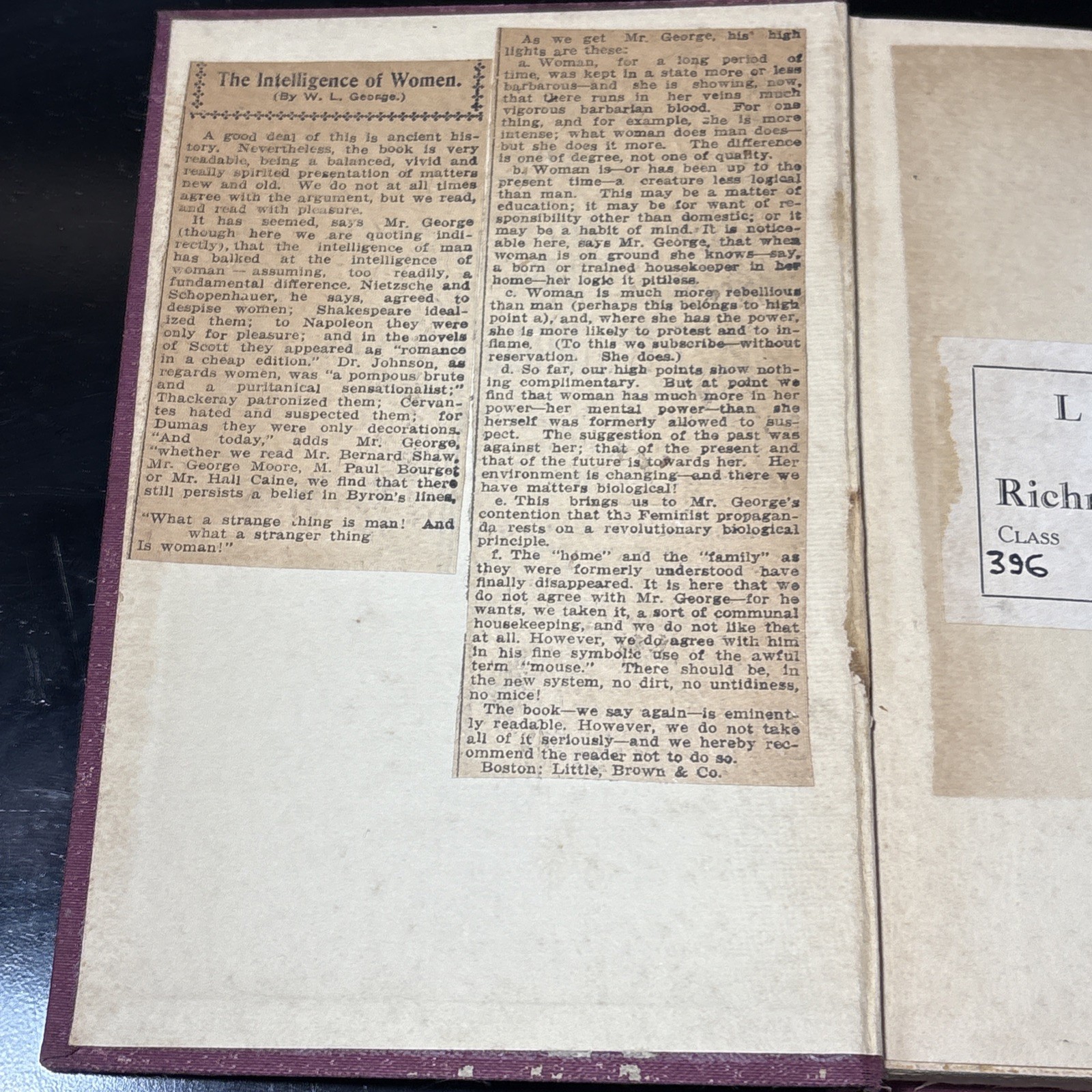 WOMAN AND TO-MORROW or THE INTELLIGENCE OF WOMEN By: W. L. George 1913 HB 1st Ed