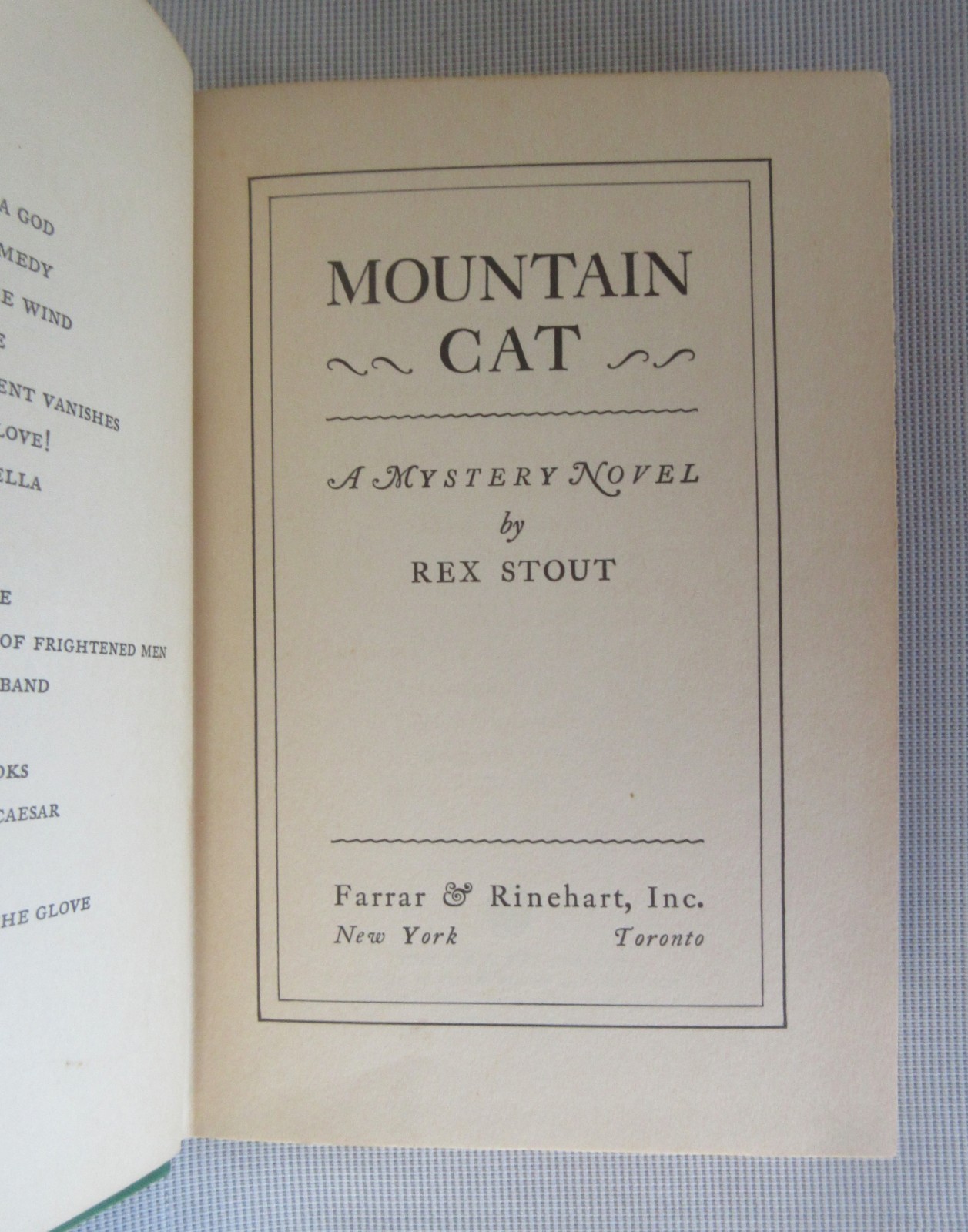 MOUNTAIN CAT by Rex Stout 1939 Farrar & Rinehart 1st Edition 1st Print