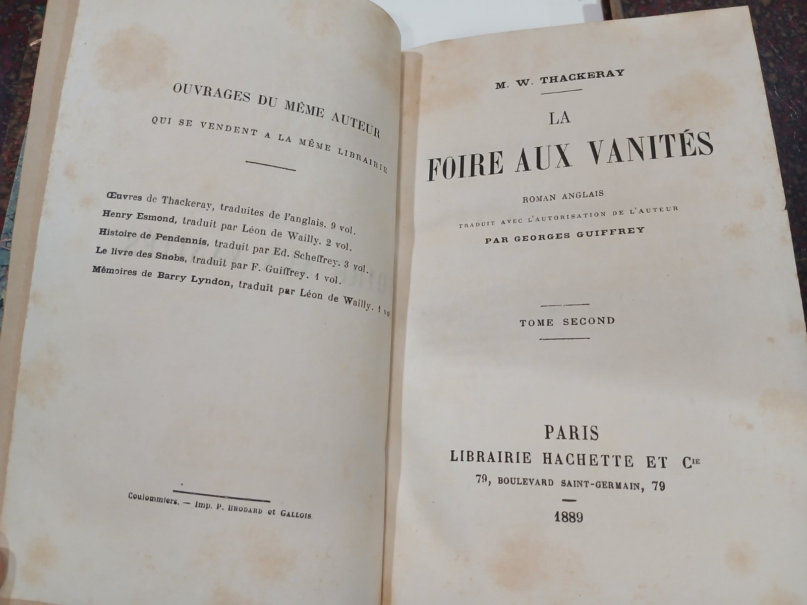 3 Volume Lot of Thackery Novels in French 1870’s-1880’s Editions