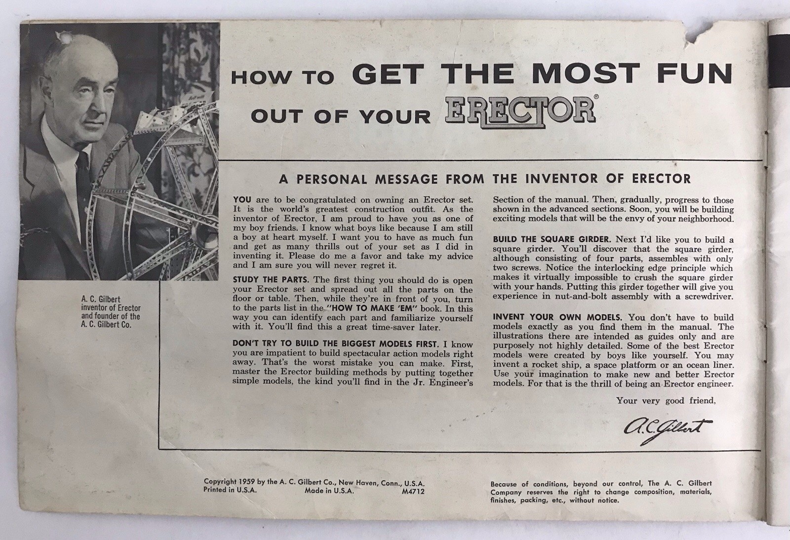 Gilbert ERECTOR 1959 INSTRUCTION BOOK M4712 Sets & Parts Manual Sections 1-5