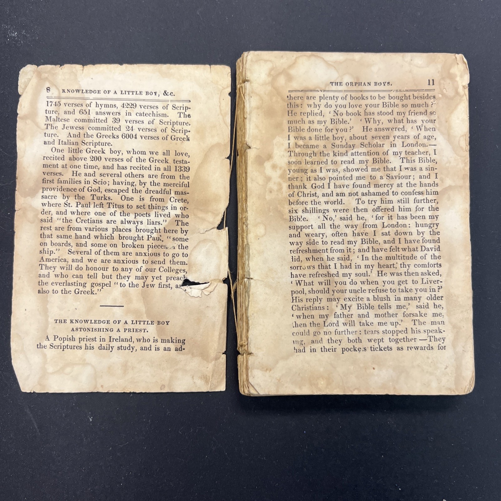 Antiquarian 1823 Religious Lessons & Stories Book. Missing 3 Pages – No Cover