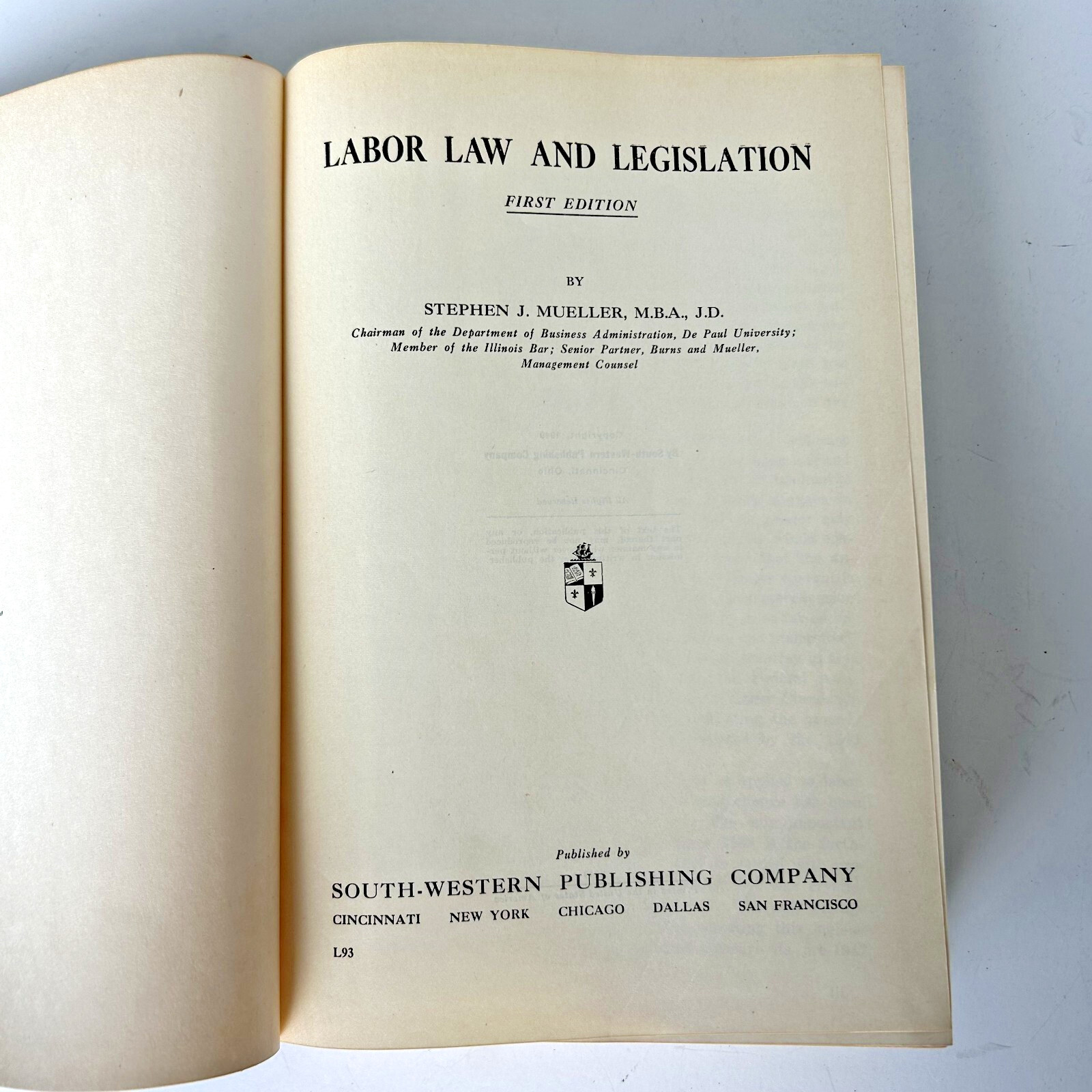 Labor Law and Legislation Hardcover Book By Stephen J. Mueller 1949 1st Edition
