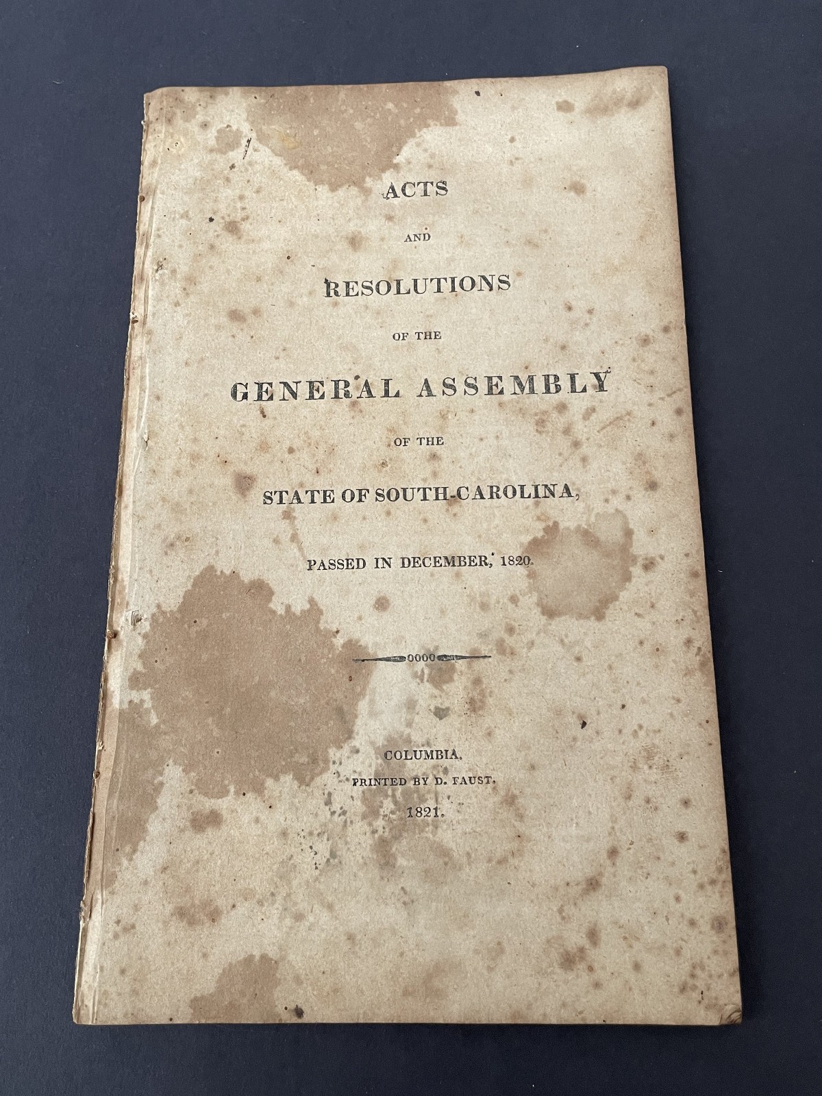 Columbia SC Printer Faust, Acts & Resolutions of the General Assembly, 1821