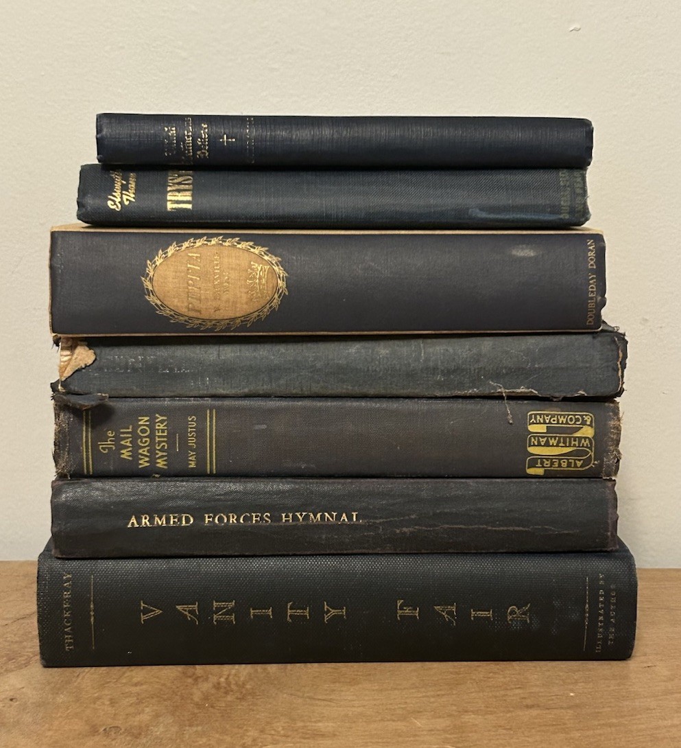 Lot of 7 Antique Books – Old Staging Shelf Decor – Farmhouse Cottage Black Blue
