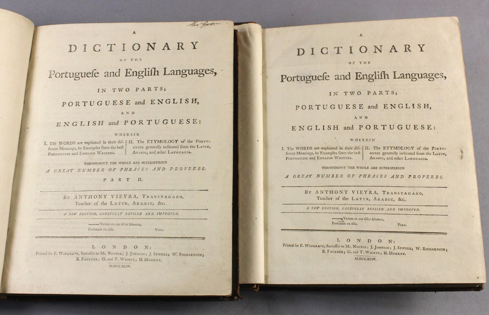 Rare Portuguese English dictionary – 1794 – Longfellow best – Ex Libris Gordon