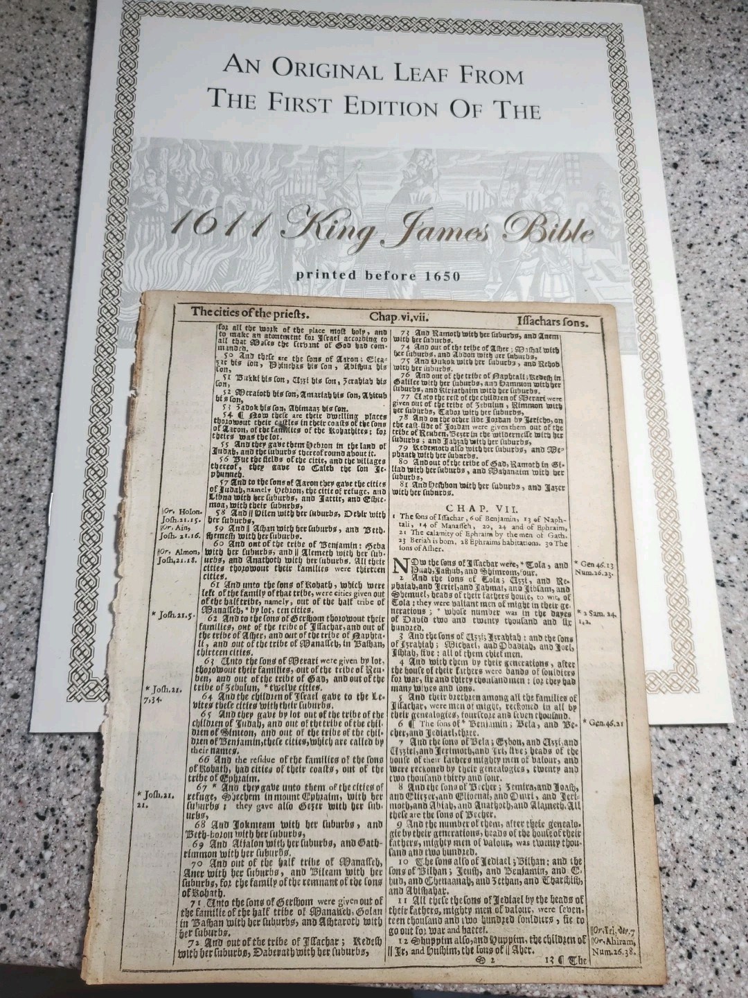 1611 King James Bible Facsimile + Original Leaf 1st Chronicles , 9″ X 11 X 3.5″