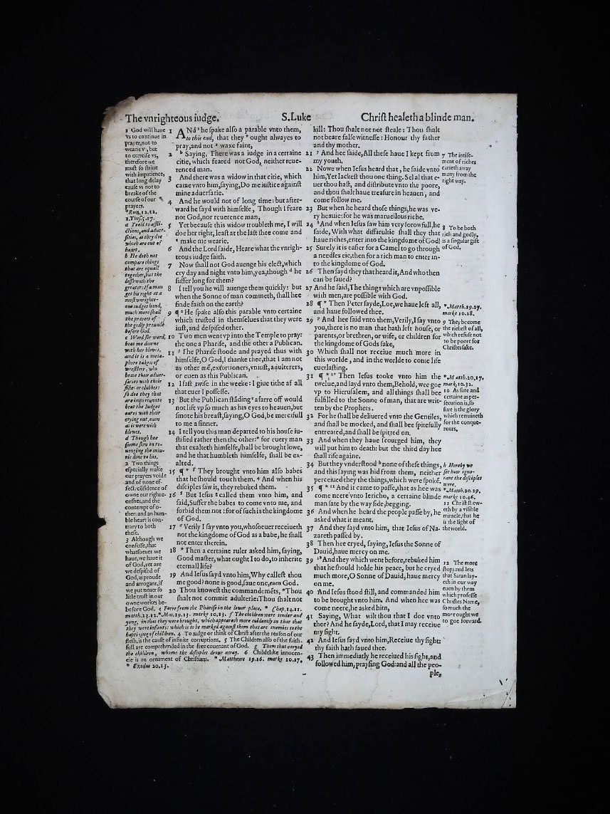 LITTLE CHILDREN 1597 GENEVA BIBLE FRAMED LEAF PAGE BOOK OF LUKE 18 VG NOT KJV