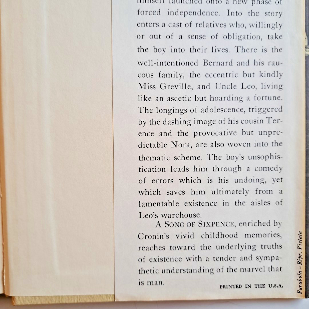 A Song Of Sixpence, AJ Cronin💥1964 HC DJ BCE Little Brown & Co 224 Pages