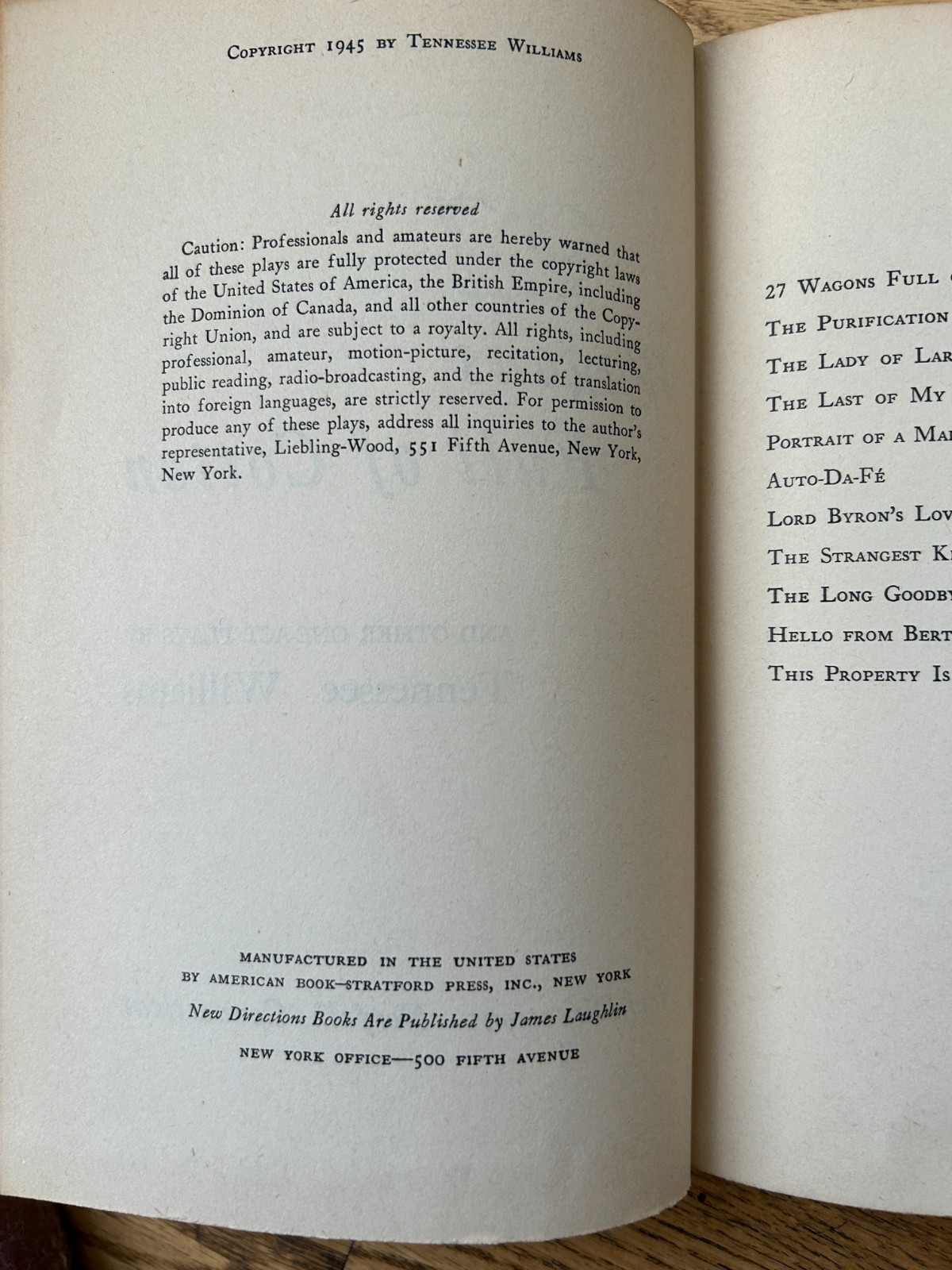 27 Wagons Full Of Cotton And Other One-Act Plays by Tennessee Williams 1945 HC