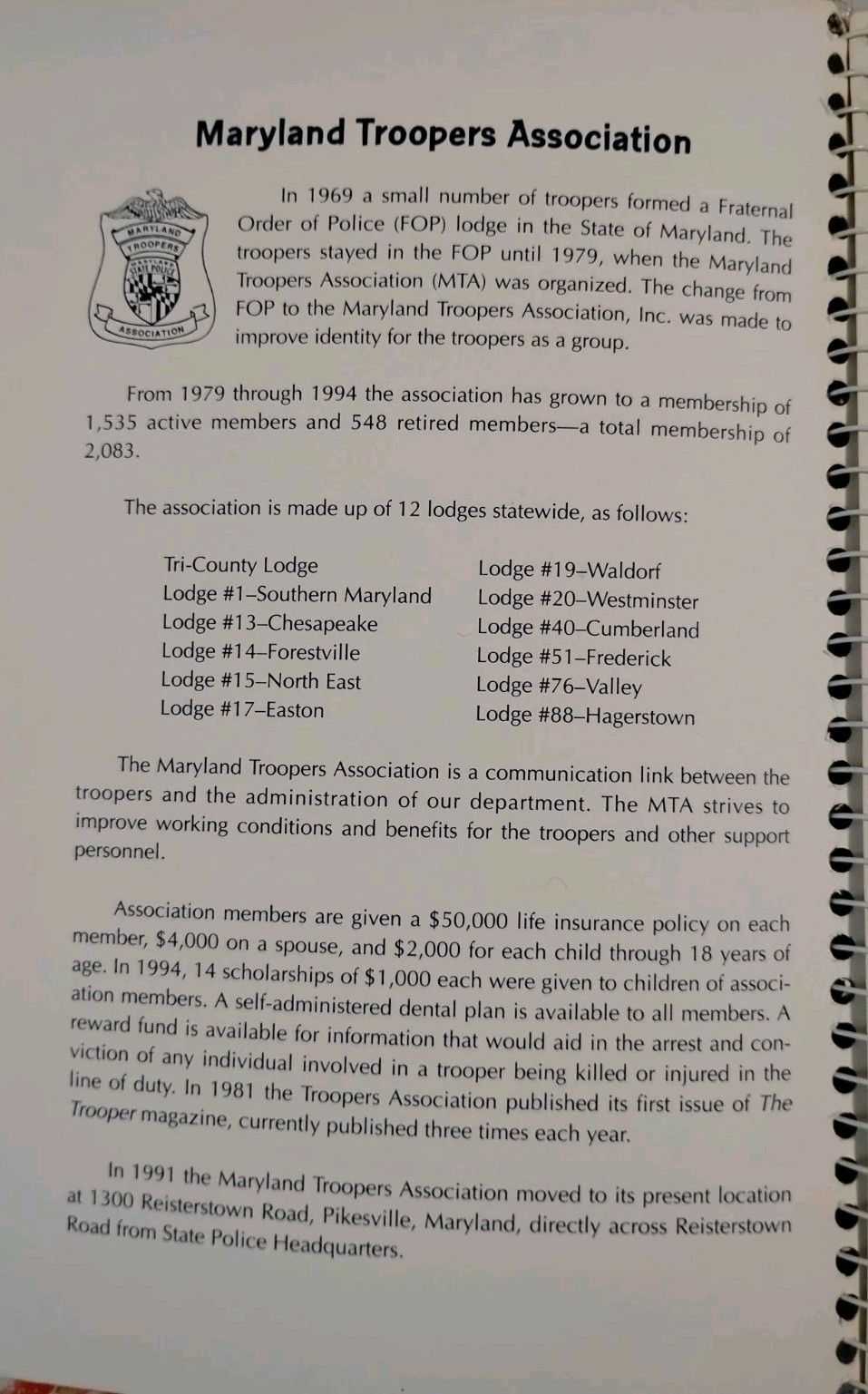 A Maryland Cookbook 1994 PREMIER EDITION Maryland Troopers Association Spiral