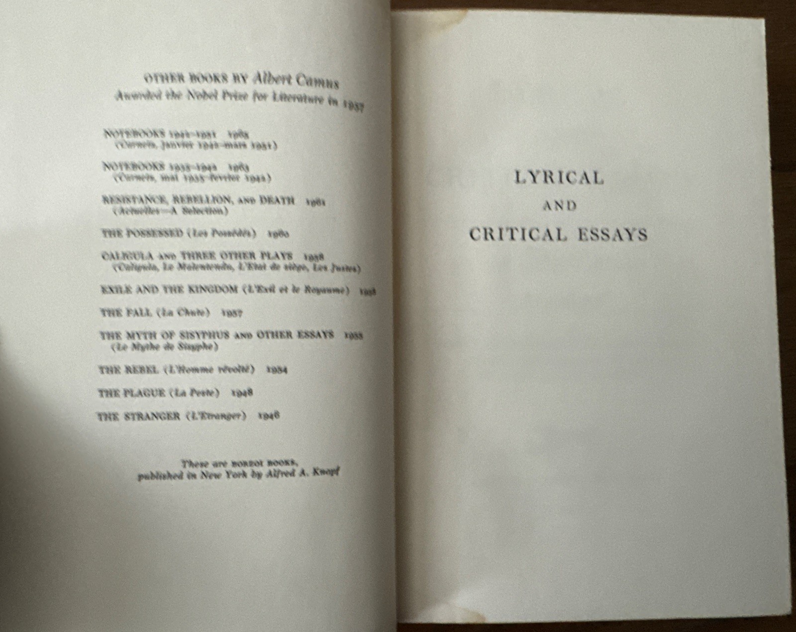 Lyrical & Critical Essays Albert Camus 1968 HARDCOVER BOOK Knopf