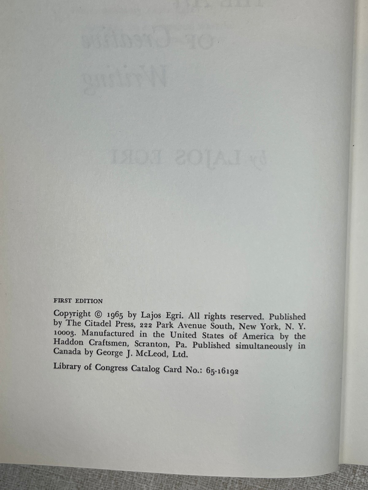 1965 The Art of Creative Writing Signed by Lajos Egri 1st Ed The Citadel Press