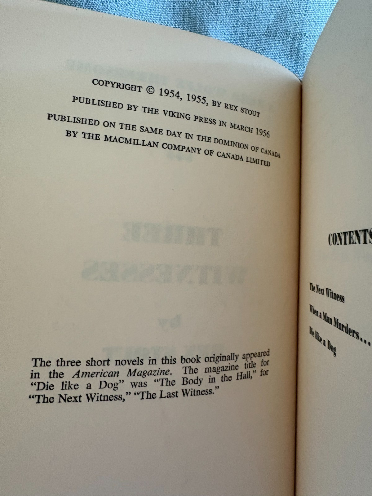 Three Witnesses by Rex Stout- Vintage 1956 Viking Hardcover