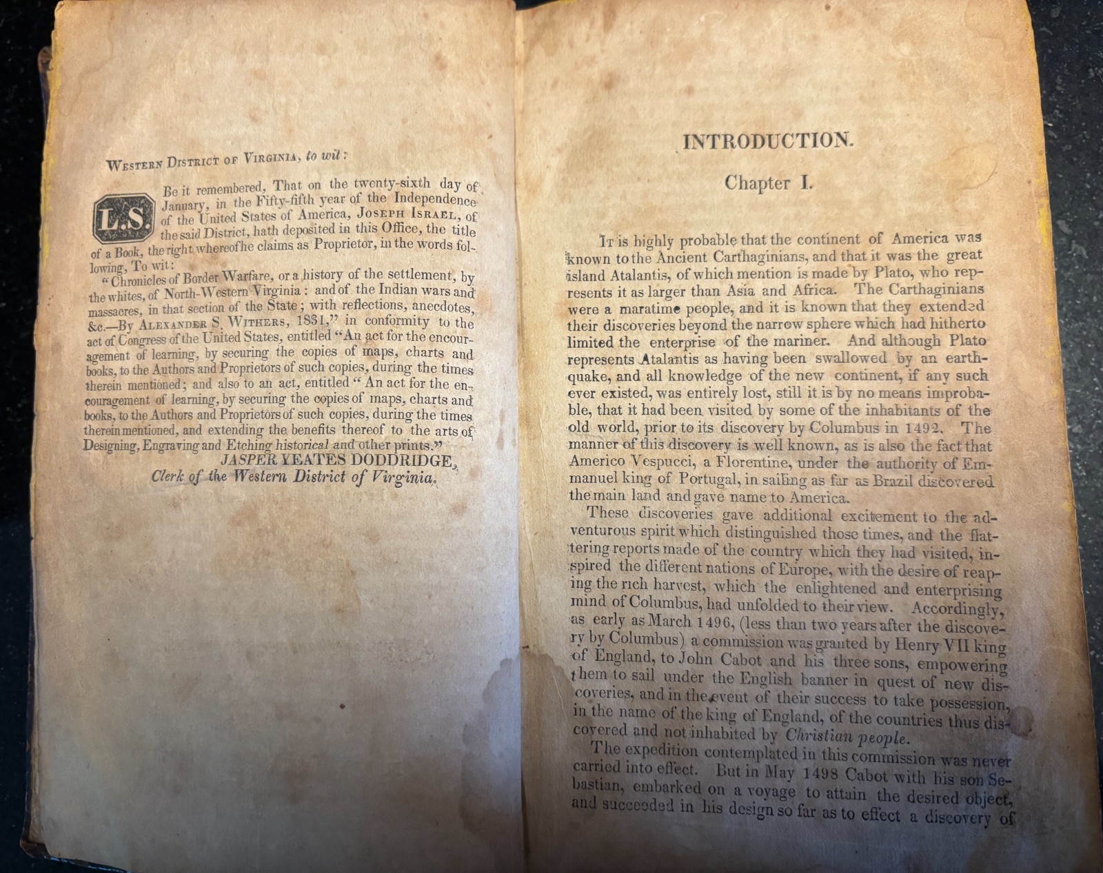 CHRONICLES OF BORDER WARFARE by Alexander S. Withers – 1831 – West Virginia