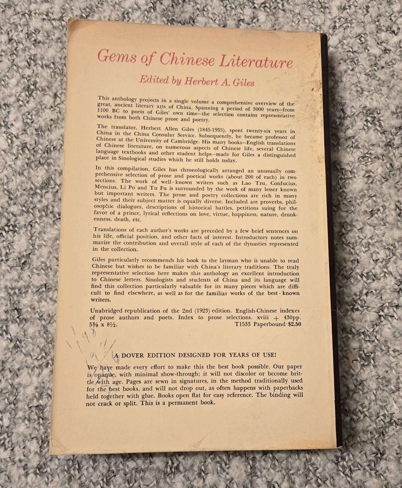 Gems of Chinese Literature Edited by Herbert A. Giles 2 Volumes in One Book