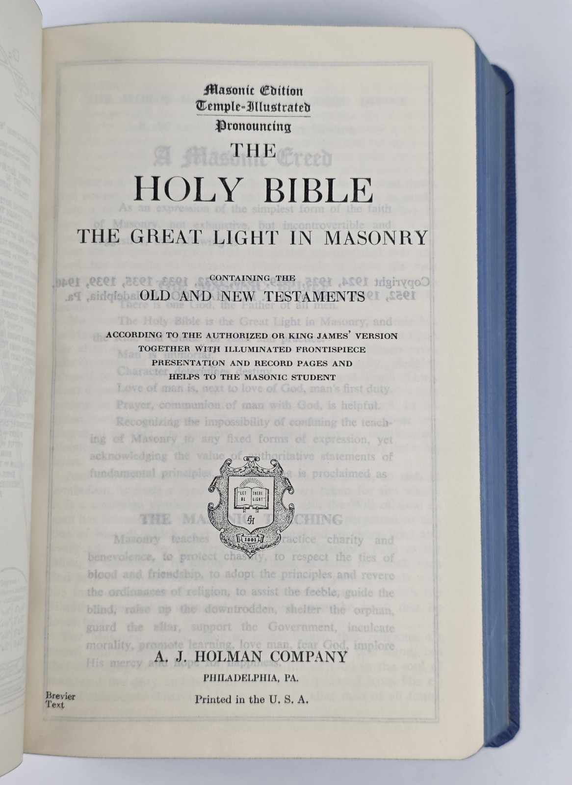 Pristine 1960s Masonic Bible Blue Holman Mt Moriah Lodge 27 NY Unused Signed KJV