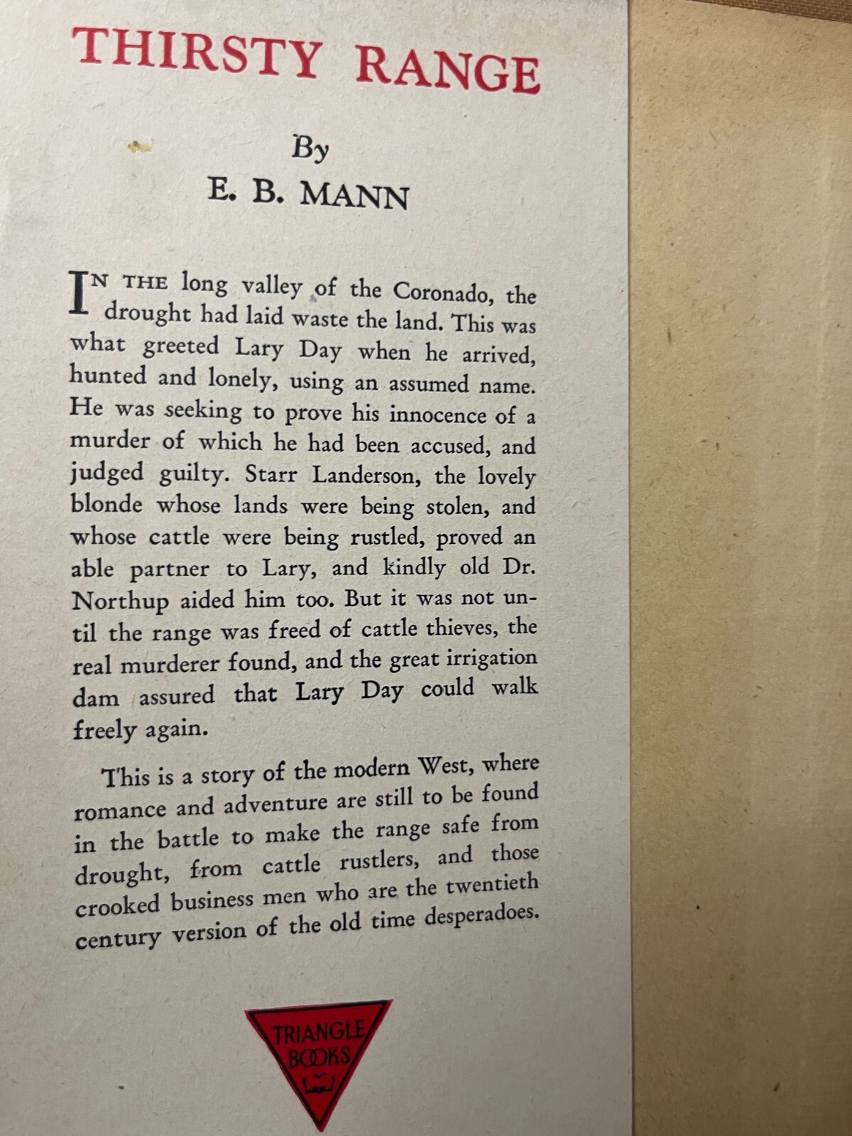 Thirsty Range By E B Mann 1935 Hardcover w/ Dust Jacket VG