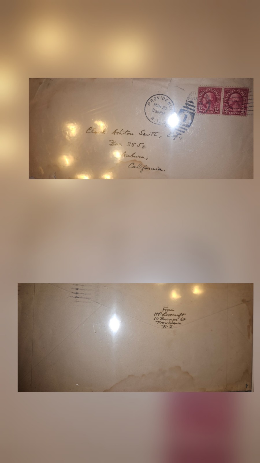 H.P. LOVECRAFT SIGNED ENVELOPE TO CLARK ASHTON SMITH (ARKHAM HOUSE AUTHORS)