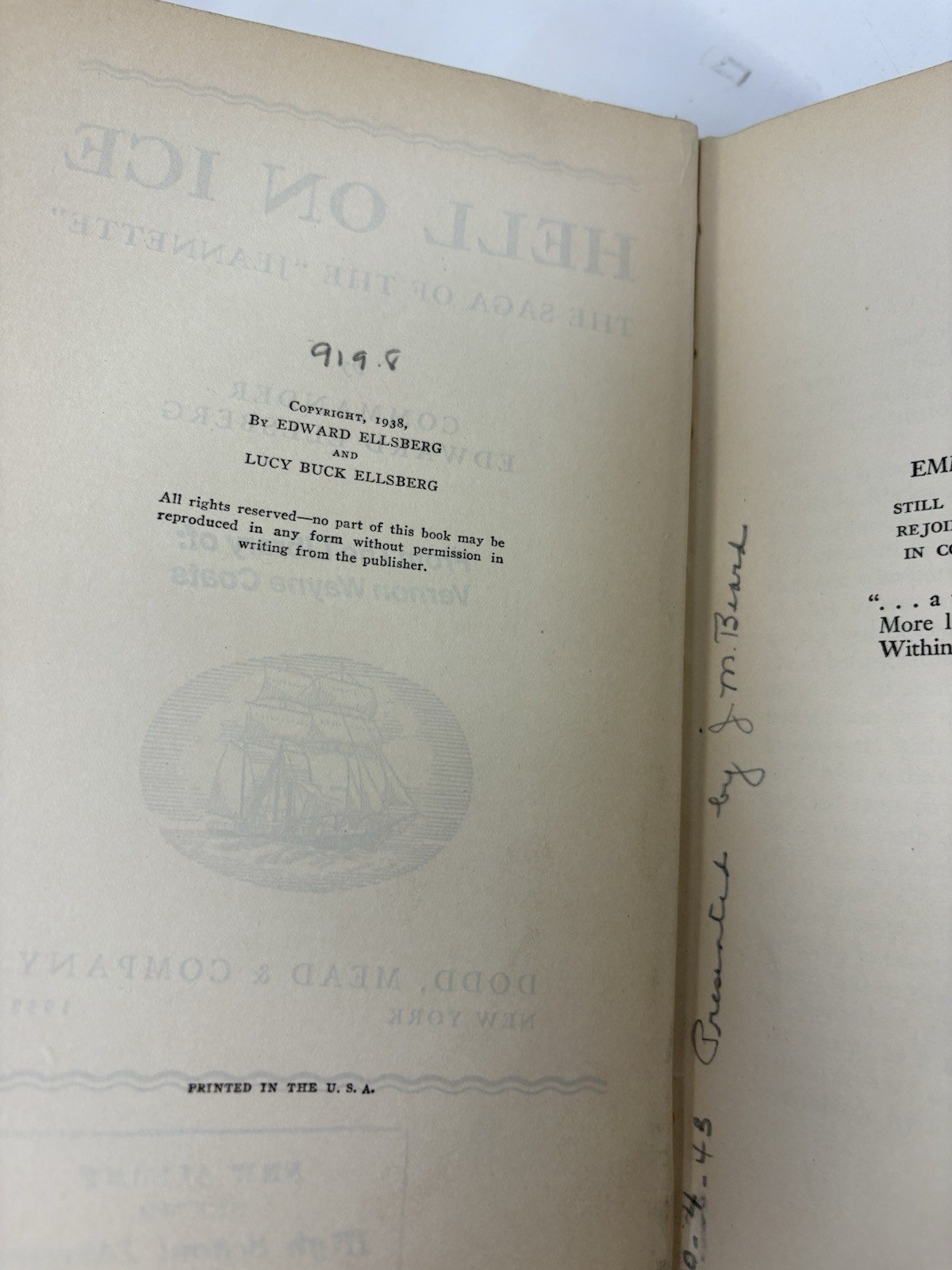 Hell On Ice Saga Of Jeannette Edward Ellsberg 1938 Hardcover 1st Ed & 1st Print