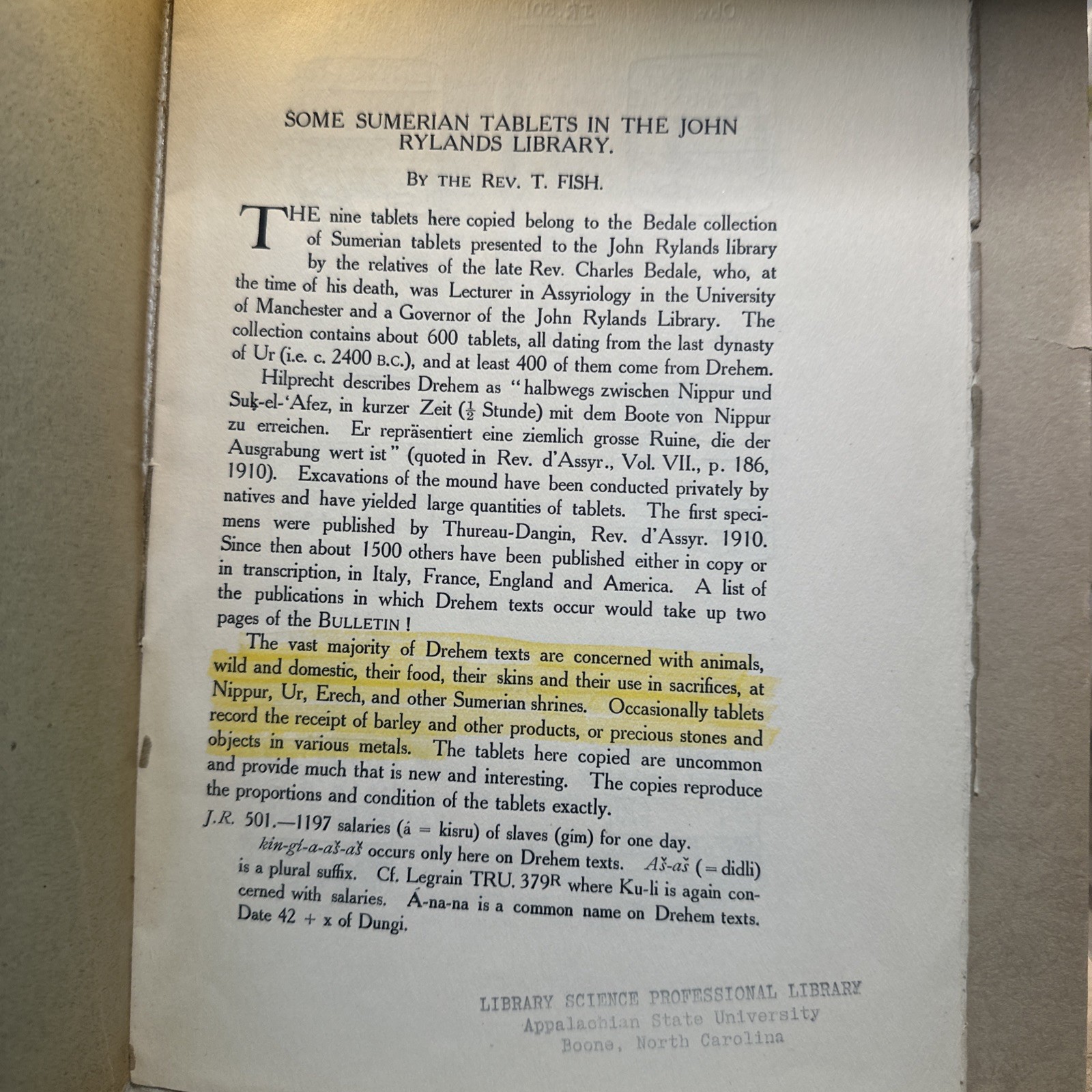 1924 Some Sumerian Tablets in the John Rylands Library by Reverend T. Fish
