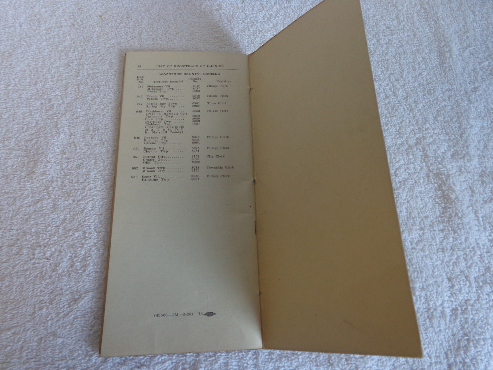 Vintage 1935 Illinois Local Registrars of Vital Statistics Direct. Health Dept