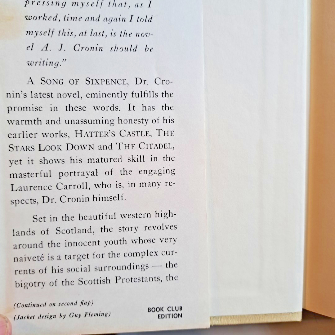 A Song Of Sixpence, AJ Cronin💥1964 HC DJ BCE Little Brown & Co 224 Pages