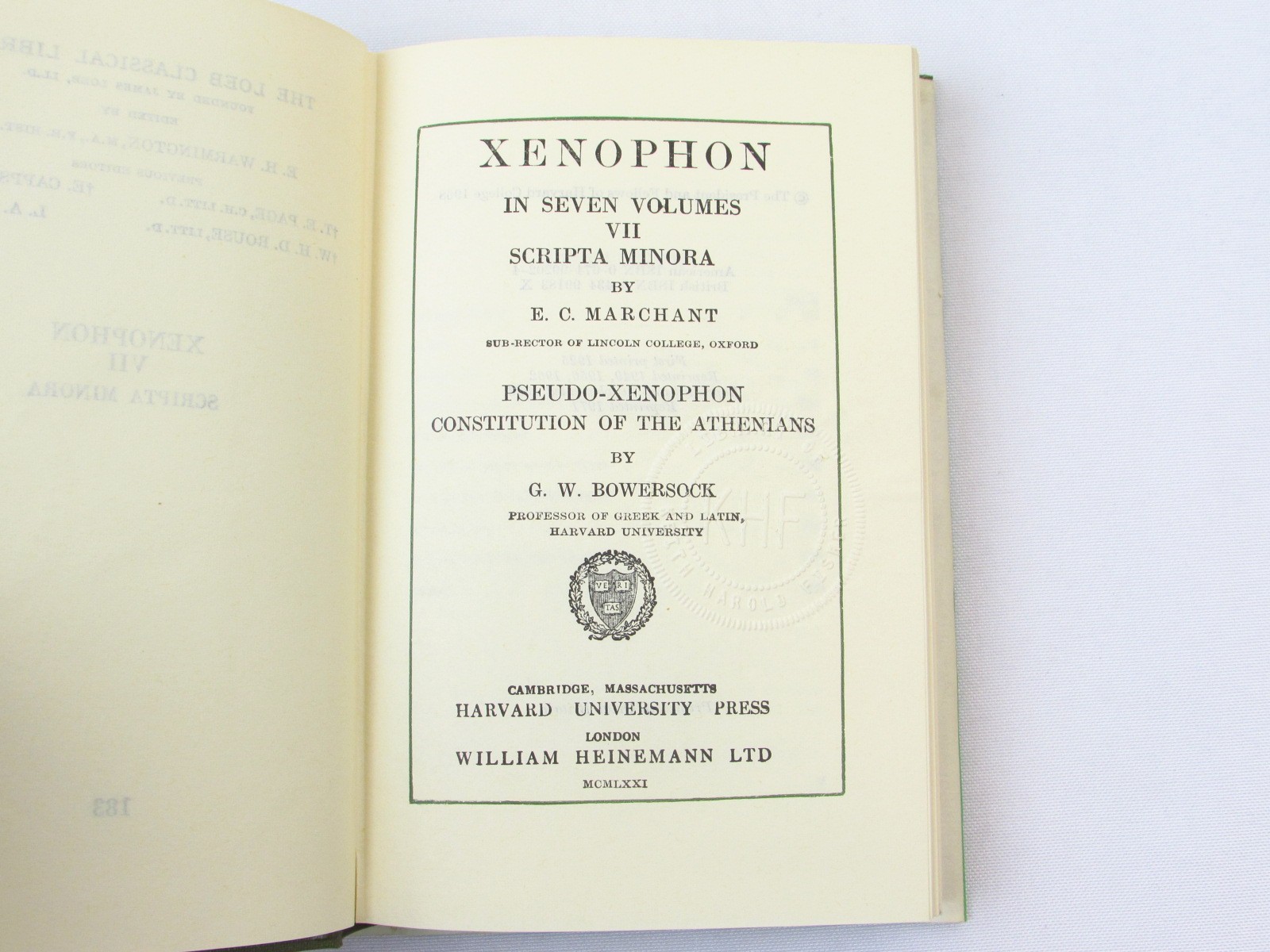 Xenophon VII Scripta Minor 1971 Harvard Loeb Classical HC/DJ Marchant Bowersock
