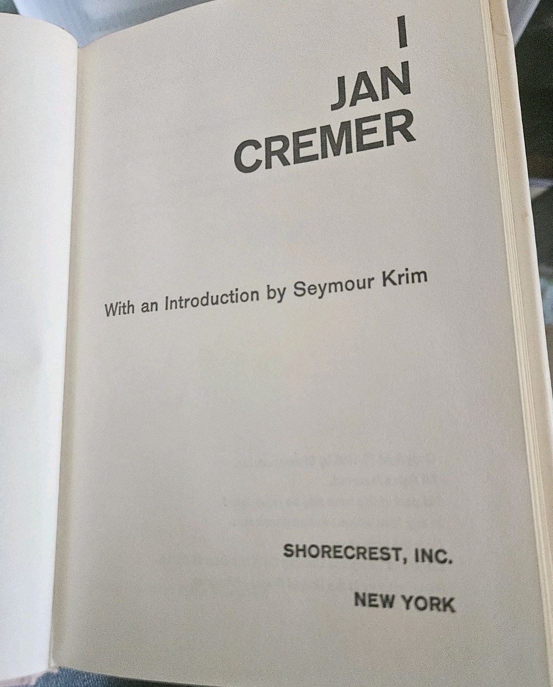 I JAN CREMER An Autobiographical Novel 1st/1st Edition HCDJ RARE 1965