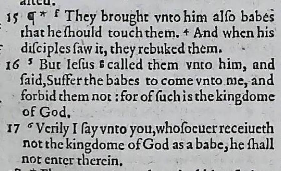 LITTLE CHILDREN 1597 GENEVA BIBLE FRAMED LEAF PAGE BOOK OF LUKE 18 VG NOT KJV