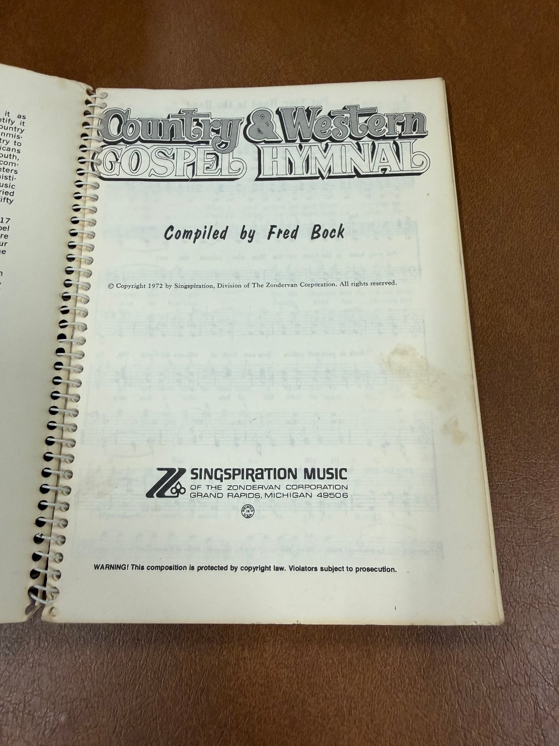 Country & Western Gospel Hymnal Fred Bock 1972 Songbook Music Spiral Bound