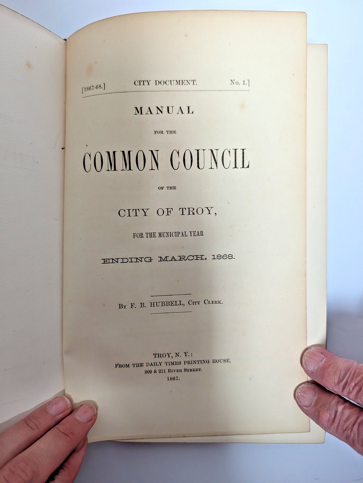 Antique Hard Cover Common Council Manual Troy New York 1867-68 Historical Info