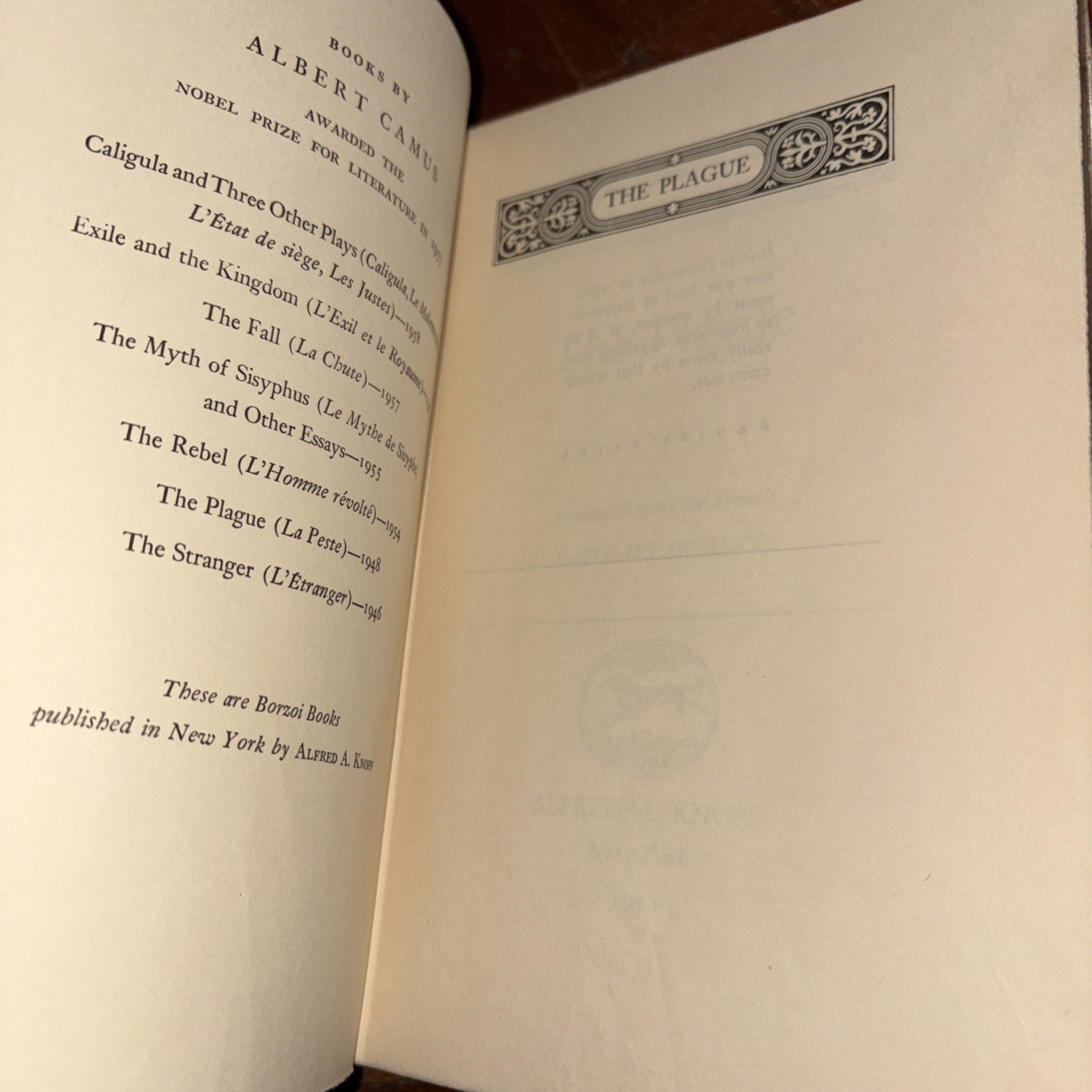 Albert CAMUS, The PLAGUE, 1ST EDITON 10th Printing / 1958, KNOPF, Hardcover, DJ