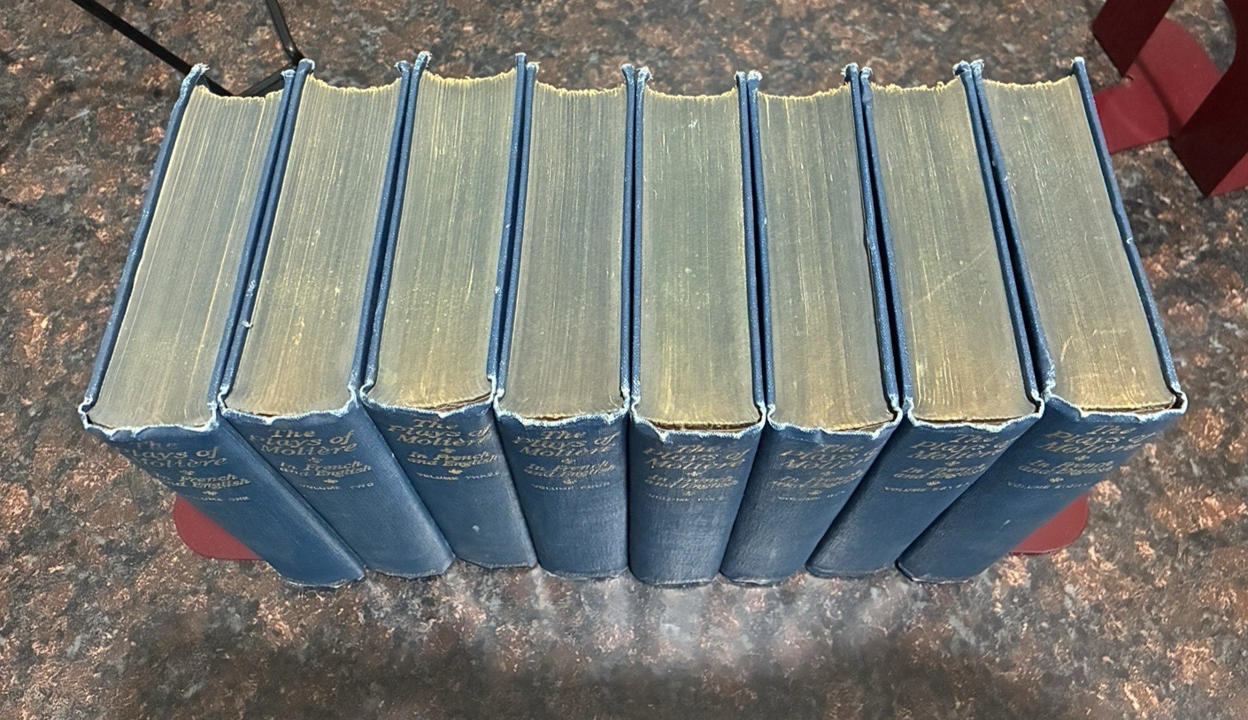 Plays of Moliere Vols I-VIII (Eng/French) – w/ Etchings – 1926 HC +postcards