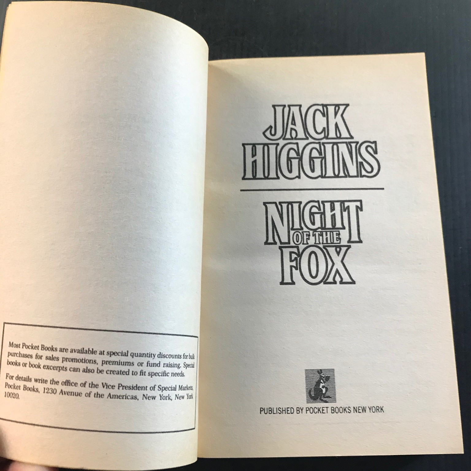 Night of the Fox Jack Higgins 1st Pocket Books 1987 WWII Thriller Spycraft