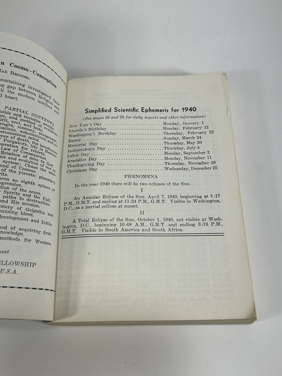 Vintage 1939 Simplified Scientific Ephemeris 1940-1949 ~ Rosicrucian Fellowship