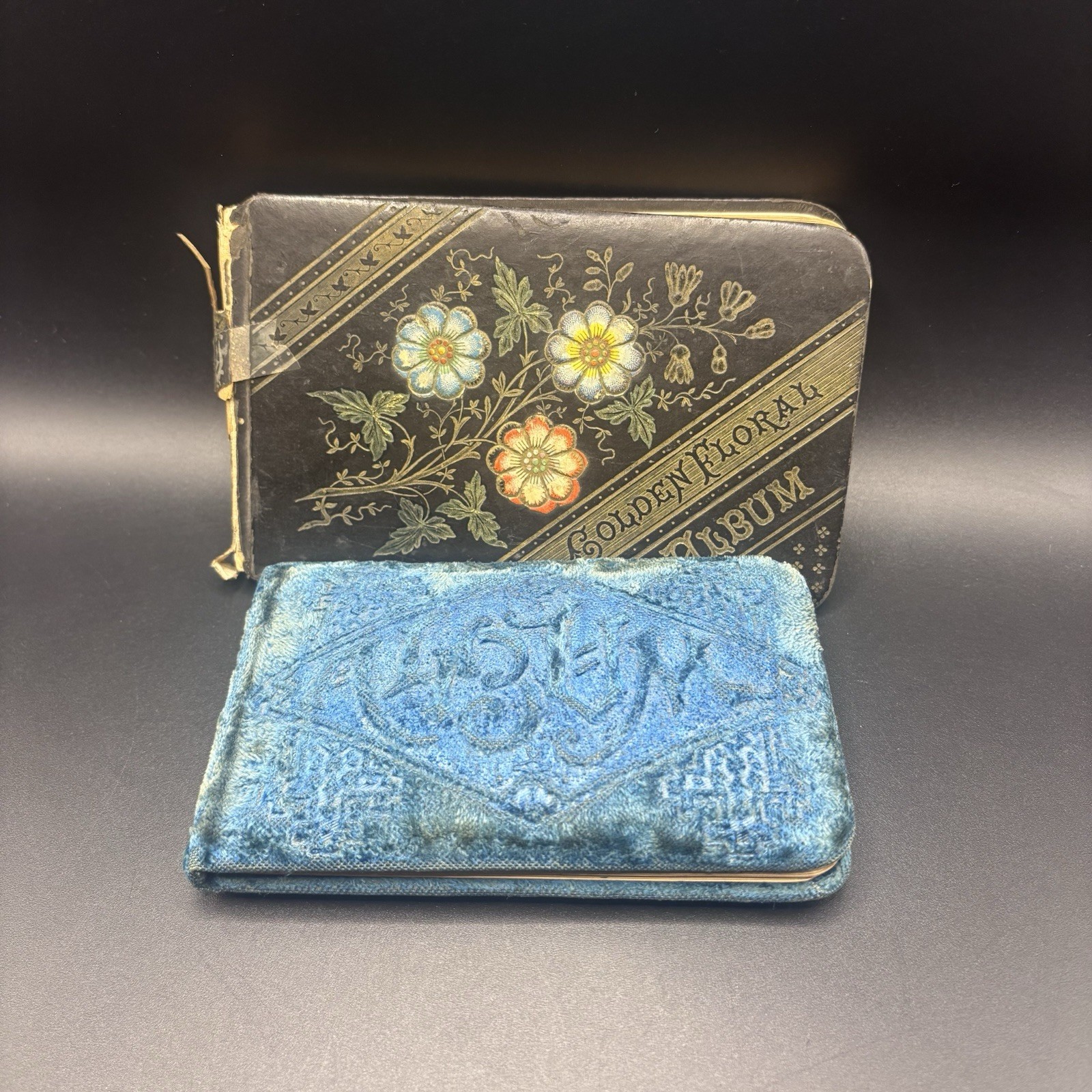 Antique 1886 Golden Floral Album Book And Blue Velvet Autograph Album 1887