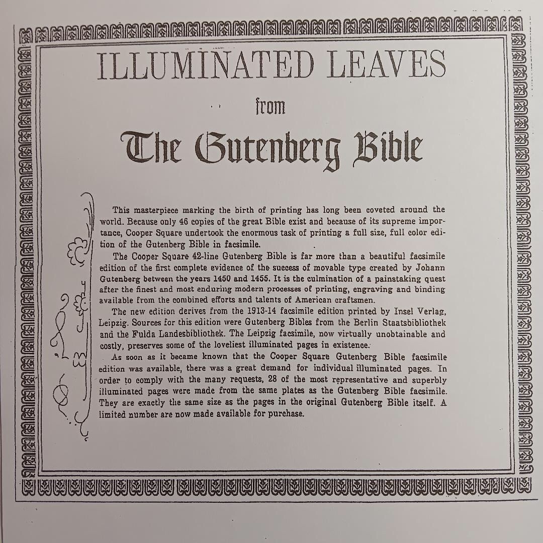Psalms I-III Gutenberg Bible Illum. Facsimile Leaf 1961 Cooper Sq Publishers