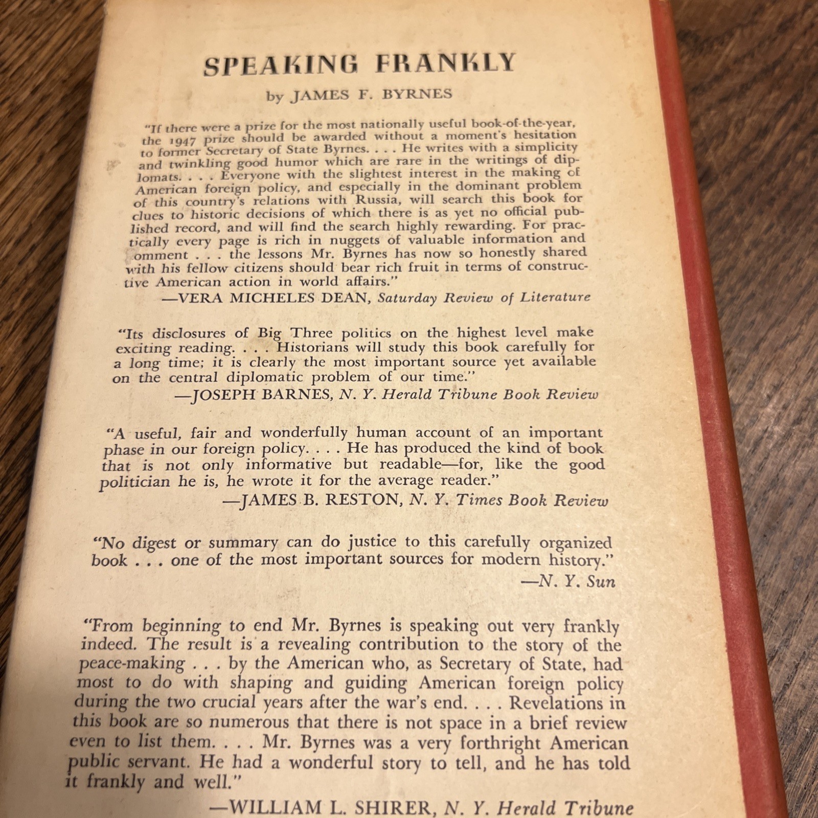 Speaking Frankly by James F. Byrnes 1947 First Edition HC Book