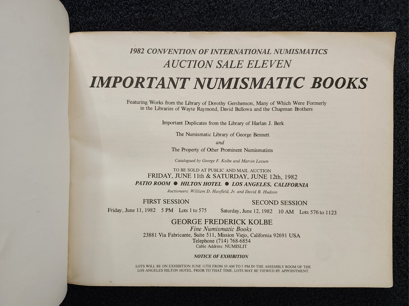 Important Numismatic Books 1982 Auction #11 Catalog George F. Kolbe Los Angeles