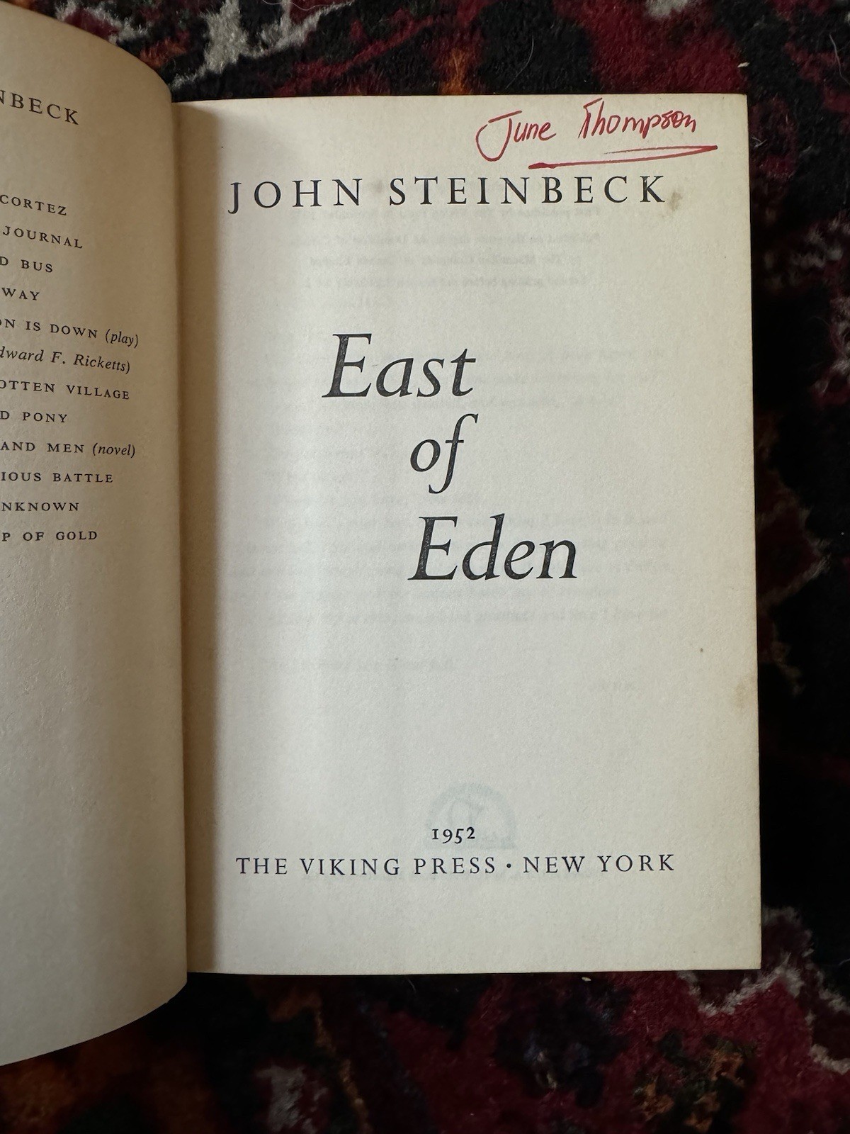 HC East of Eden, by John Steinbeck. September 1952, First Edition, Viking Press