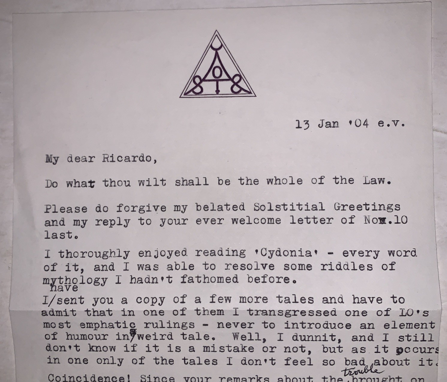 KENNETH GRANT SIGNED LETTER, OCCULT, TYPHONIAN, 1/13/03, SOLSTICE GREETING