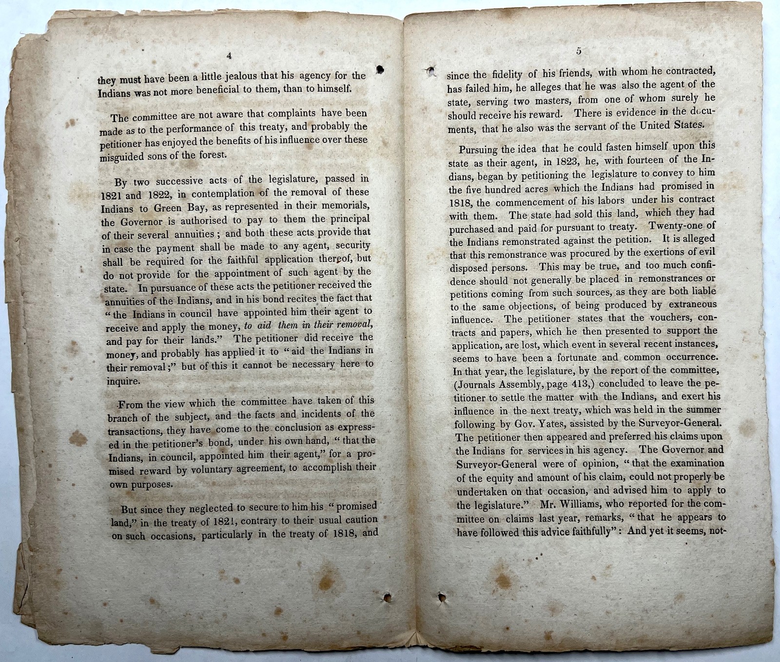 1829 NEW YORK ASSEMBLY REPORT RELIEF JOHN SERGEANT STOCKBRIDGE INDIANS GREEN BAY
