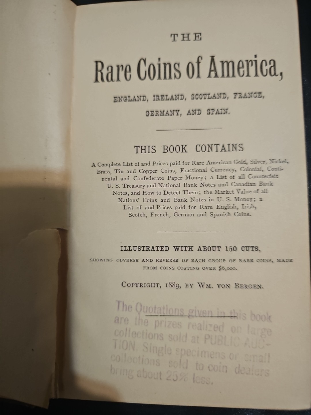 The Rare Coins of America.. Wm Von Bergen 5th Ed. 1889 Early Numismatic Book