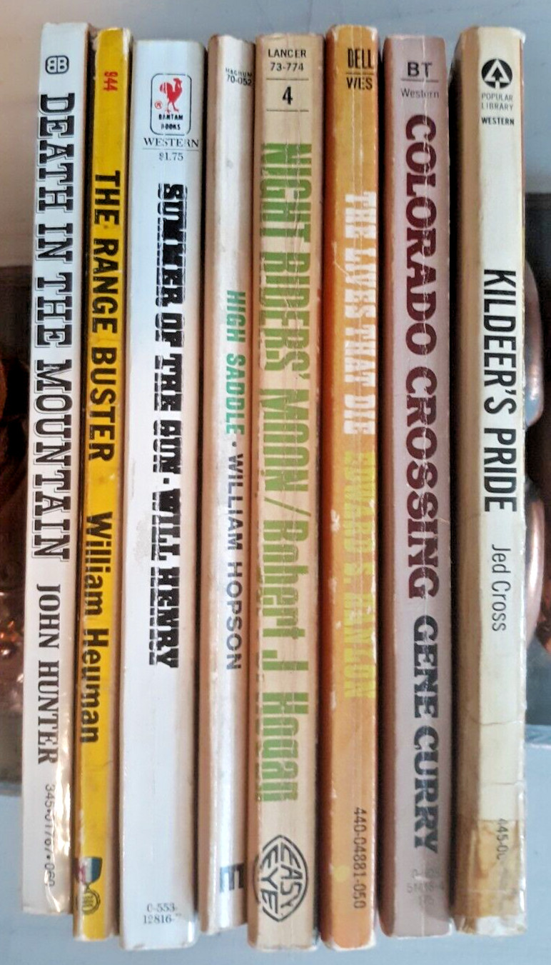 8 western paperbacks various authors Will Henry John Hunter Gene Curry more